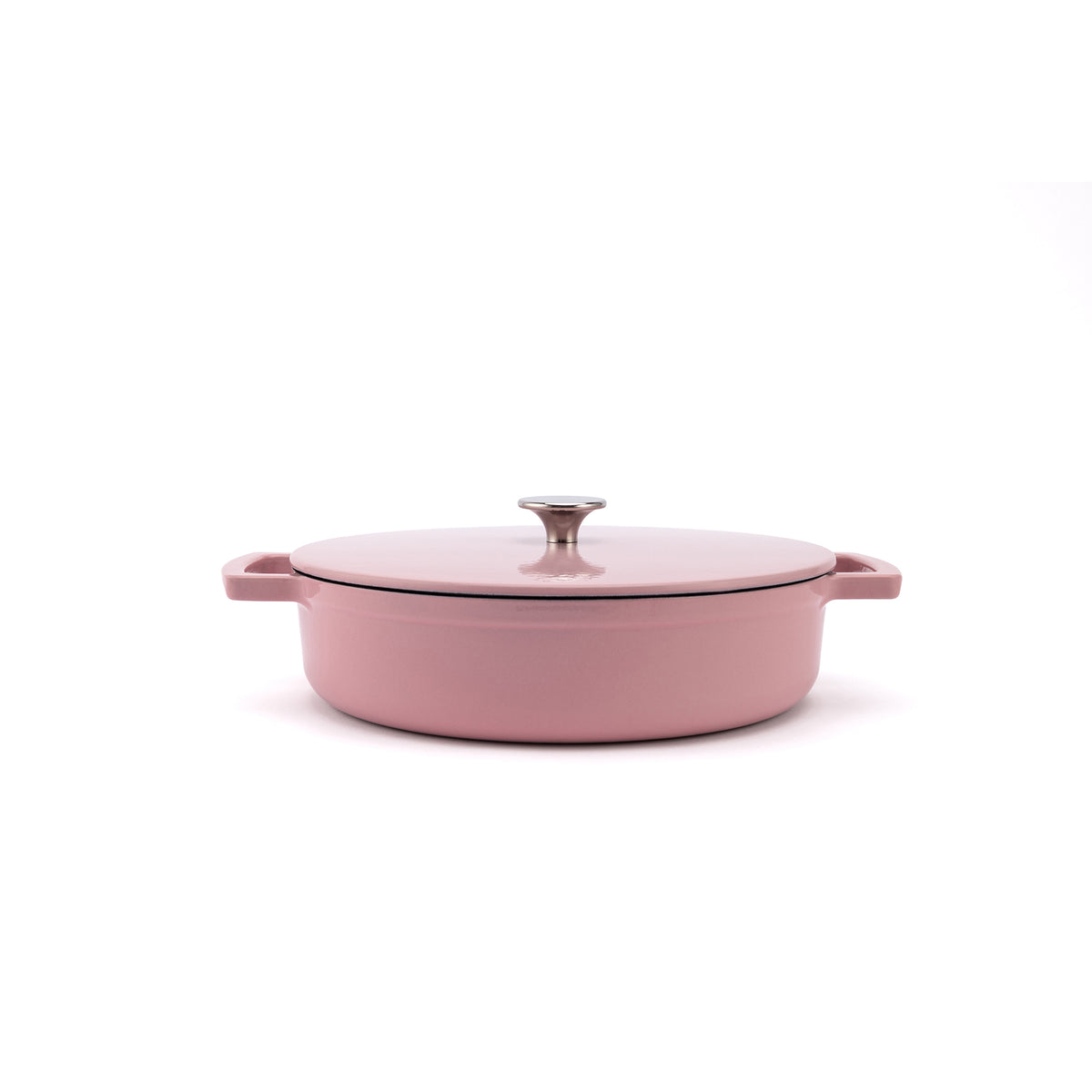 Ember zománcozott öntöttvas lapos edény 28 cm, rózsaszín